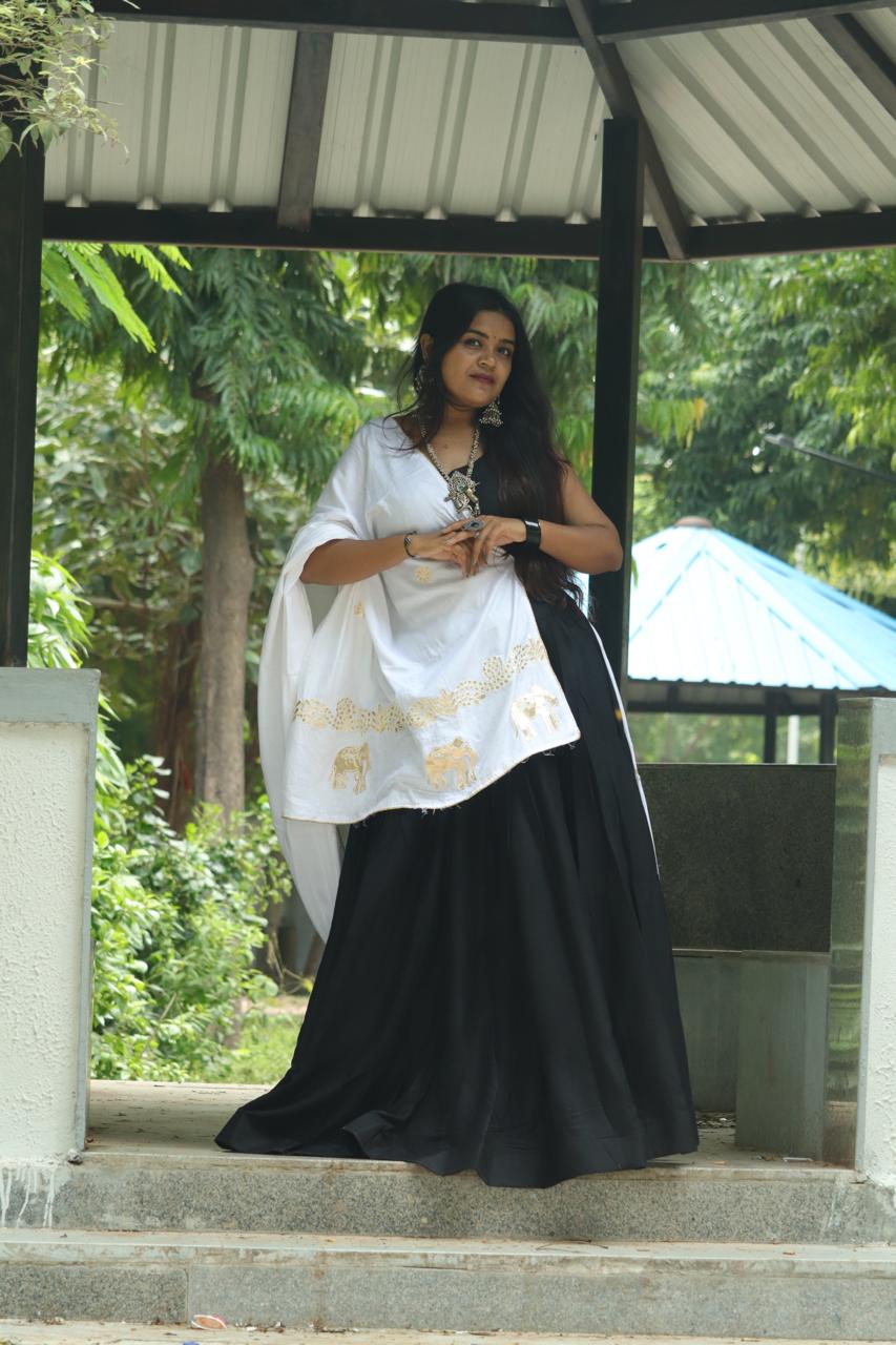 Regal Black & White Elephant Motif Lehenga Set