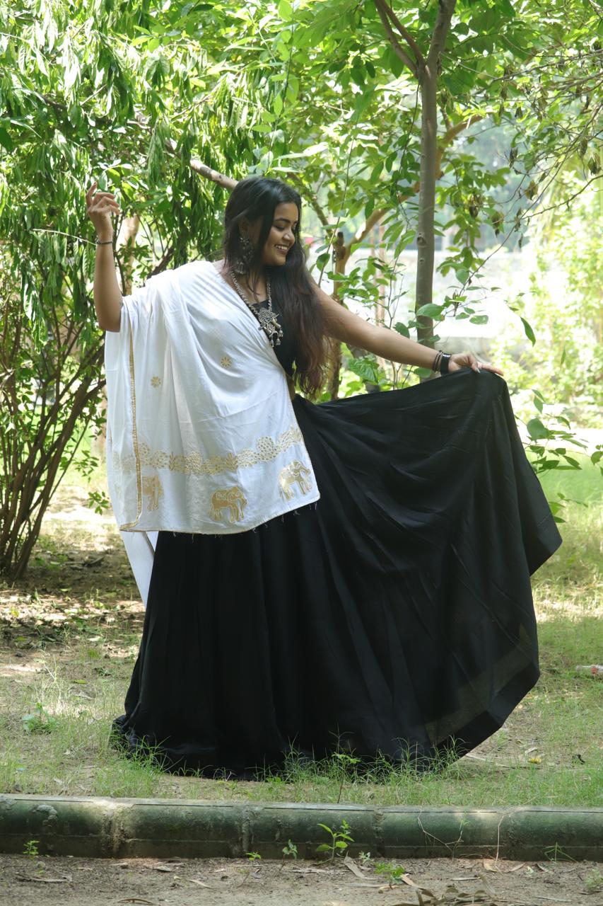 Regal Black & White Elephant Motif Lehenga Set